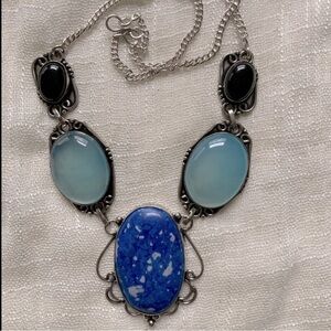 Mosaic Jasper, Chalcedony, Black Onyx, 925 Silver Necklace